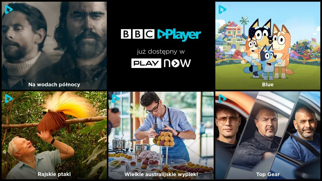 A BBC Player launch tile for the Play Now service in Poland, with The North Water, Bluey, Top Gear and other programmes