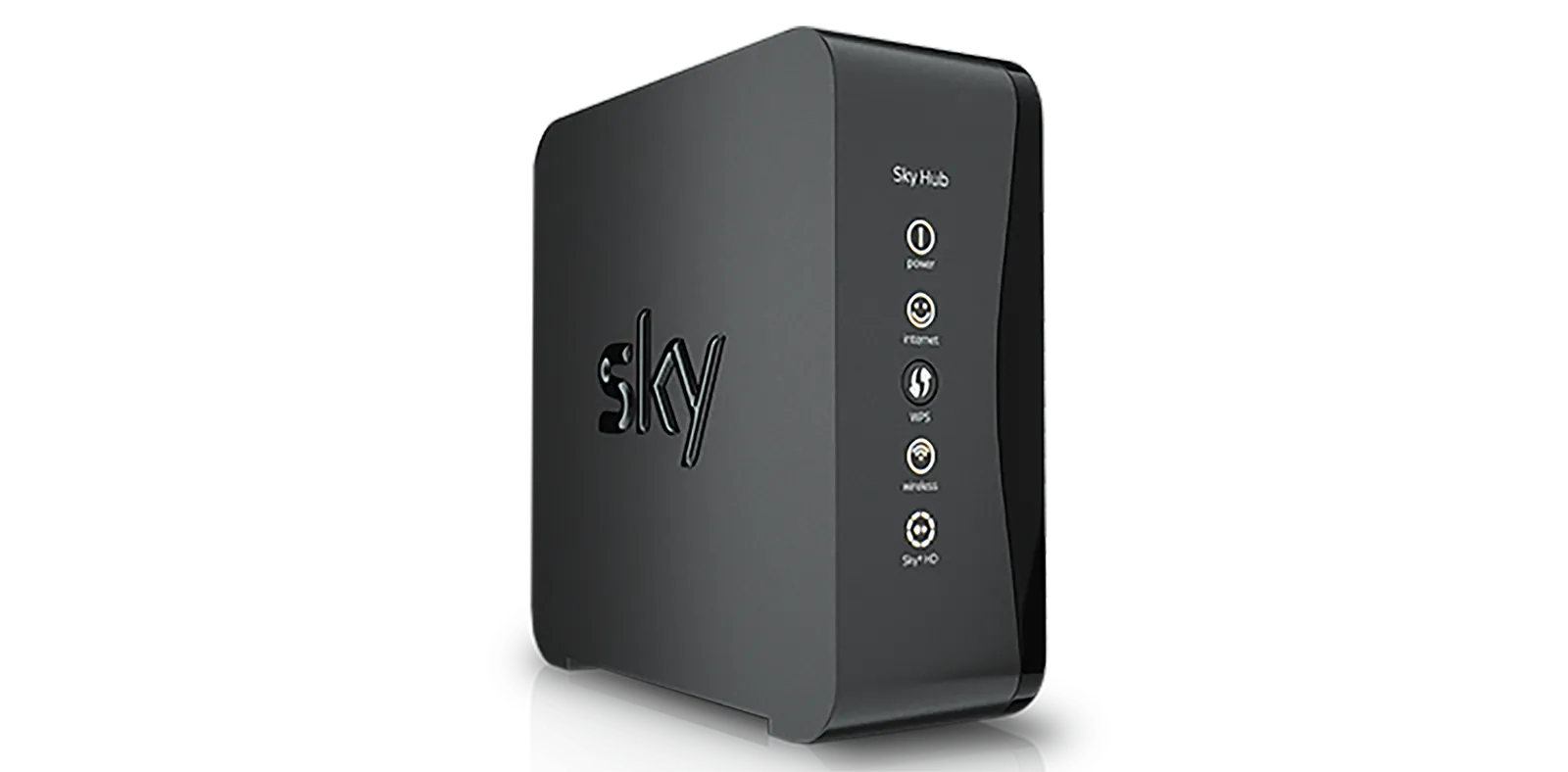 The Sky Hub broadband router, standing upright, with its status lights