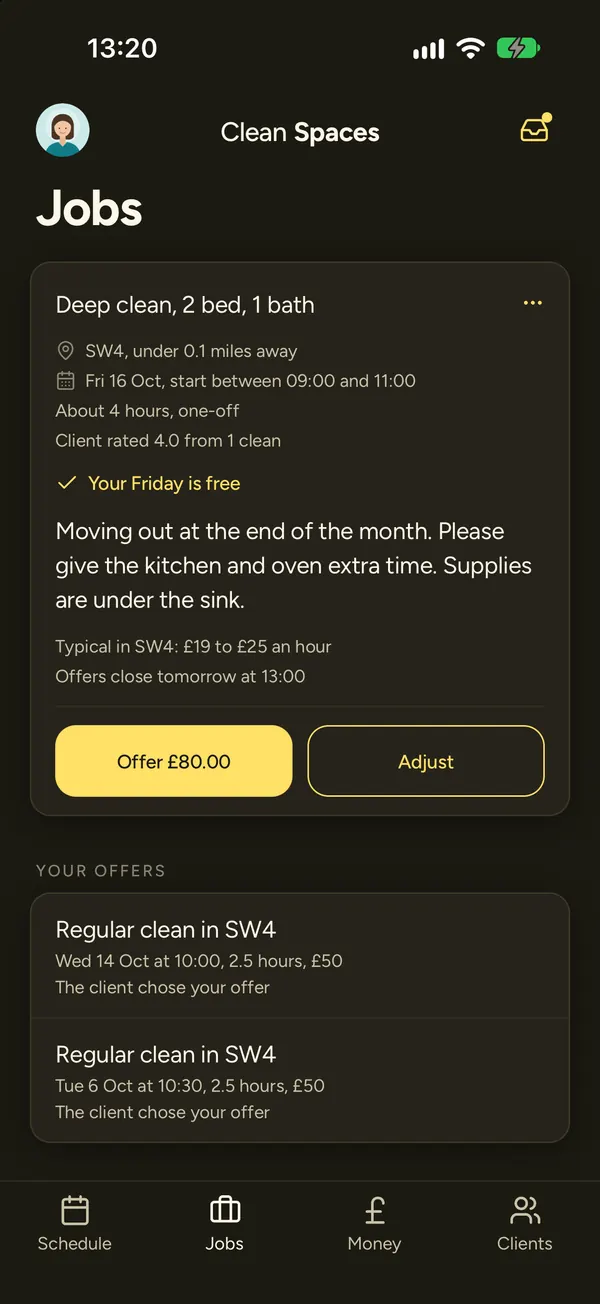 The Jobs tab in the Clean Spaces cleaner app showing a deep clean in SW4 with an Offer £80.00 button