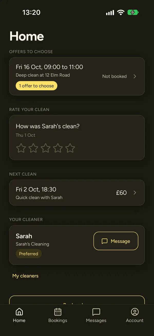 The Clean Spaces client app's Home screen with an offer to choose for a deep clean, the next clean, and Sarah as the preferred cleaner