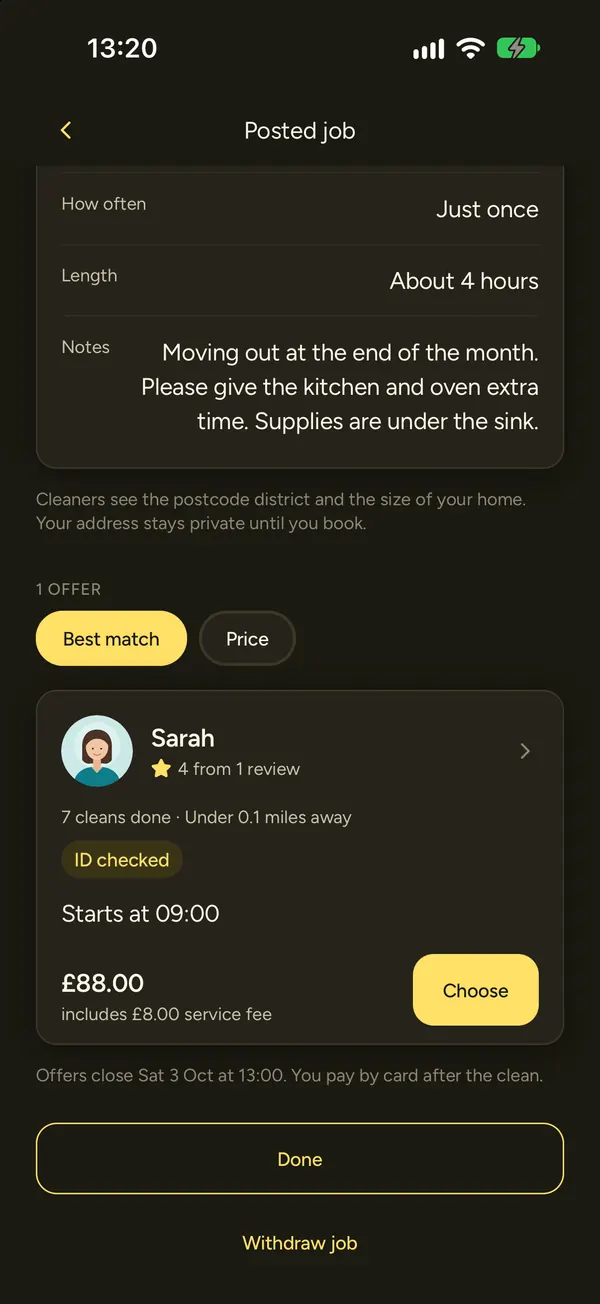A posted job in the Clean Spaces client app with an offer from Sarah showing the price, rating, cleans done, distance and the ID checked badge